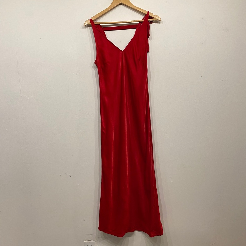 Kotn Red Satin Tie Shoulder Maxi Slip Dress V-Neck Open Back Size Medium